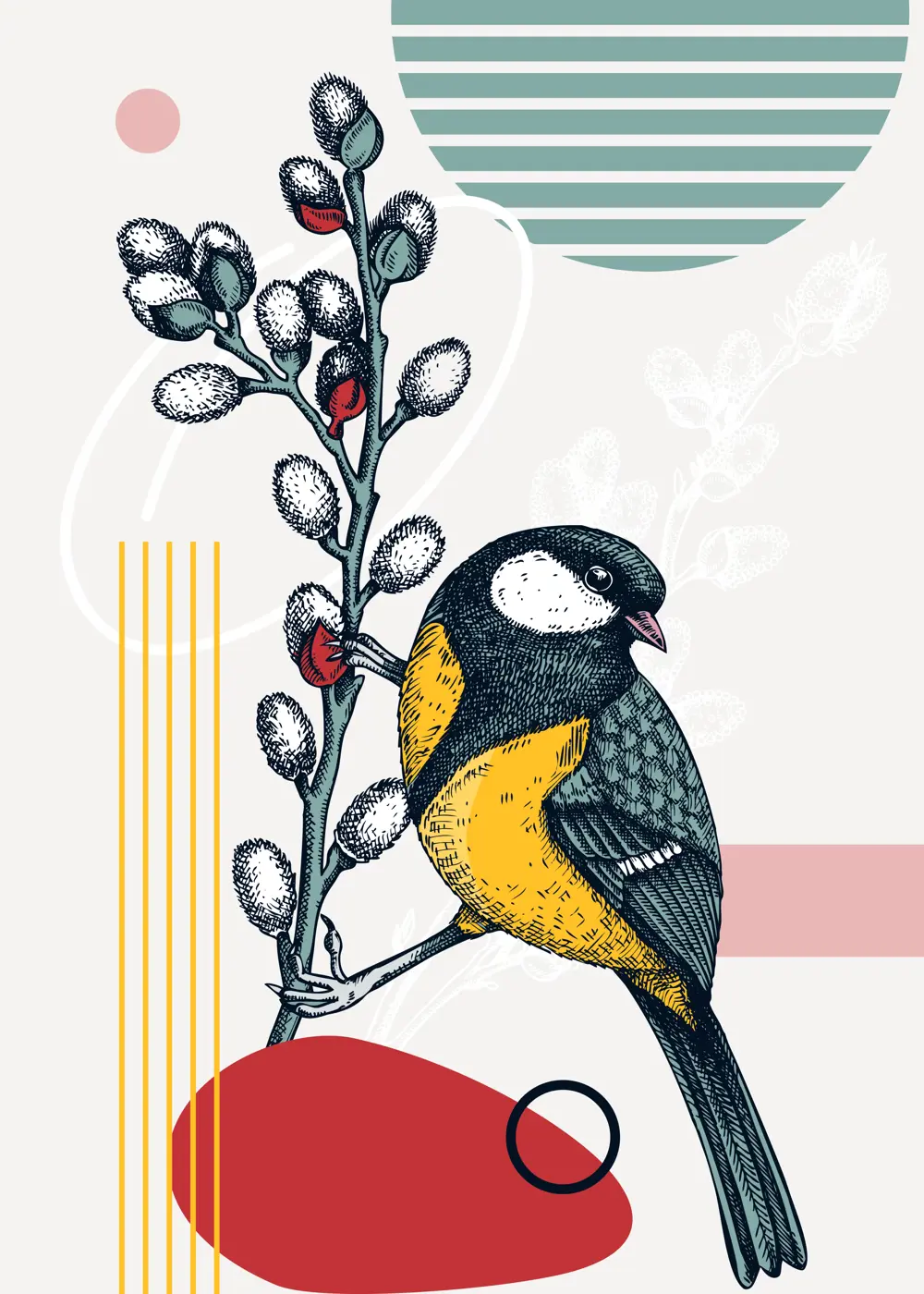 Collage-style bird card. Sketched great tit  trendy poster. Creative designs with bird sketch, botanical illustrations, geometric shapes, and abstract elements for nature print, wall art, packaging.  Illustration